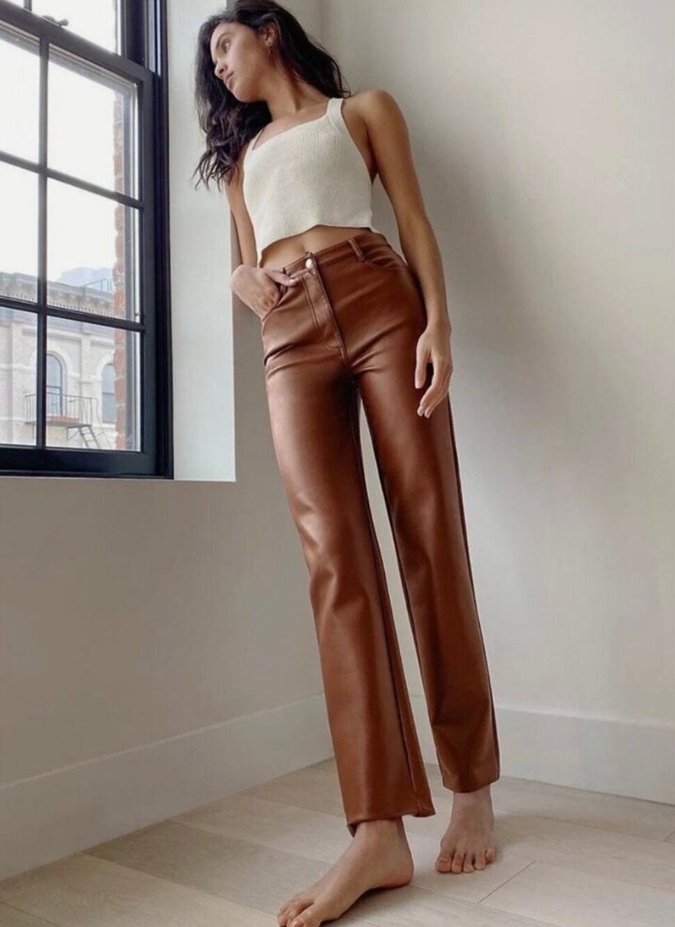 Aritzia Wilfred Cognac Vegan Leather Straight Leg 28" Inseam Melina Pants SIZE 0
